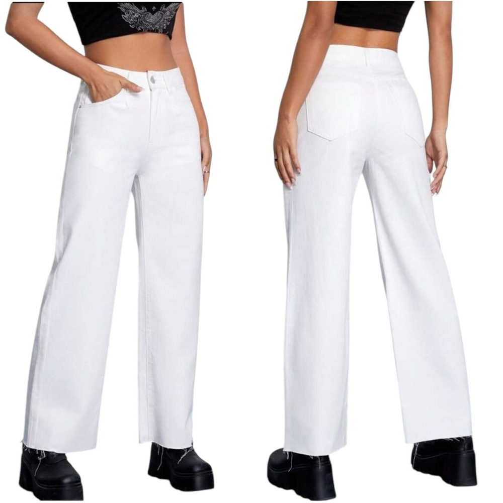 Dazy Size Large White High Waist Wide-Leg 5 Pocket Cotton Denim Jeans NWOT